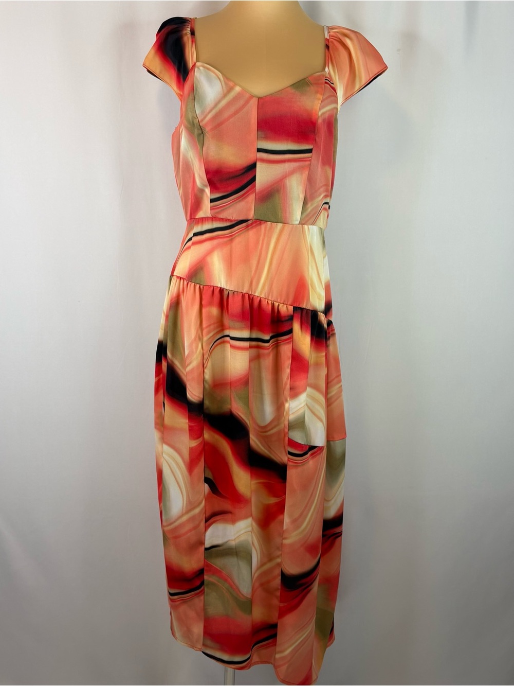 DKNY Abstract Marble Print Tiered Midi Dress NWT Size 6 Pink Red Black
